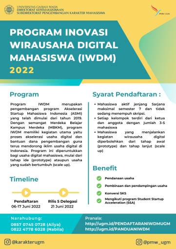 PENDAFTARAN Program Inovasi Wirausaha Digital Mahasiswa (IWDM) UGM 2022 TELAH DIBUKA!